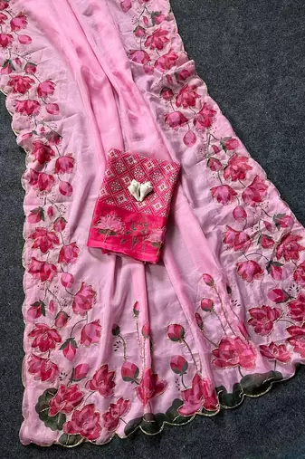 Pink Color Printed And Hand Work Silk Blend Saree