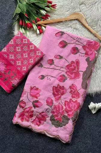 Pink Color Printed And Hand Work Silk Blend Saree