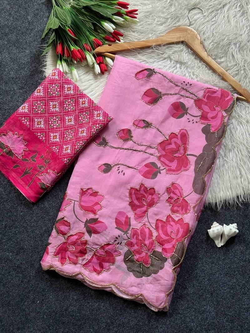 Pink Color Printed And Hand Work Silk Blend Saree