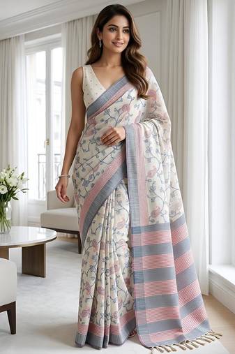 Off white cotton silk printed saree with blouse