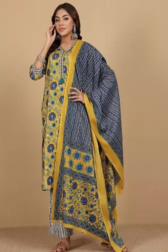 Floral printed cotton v neck kurta trouser & dupatta set