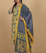 Floral printed cotton v neck kurta trouser & dupatta set