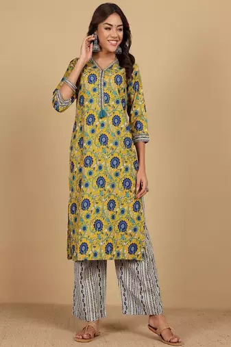 Floral printed cotton v neck kurta trouser & dupatta set