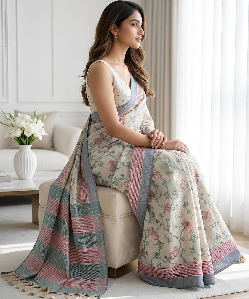 Off white cotton silk printed saree with blouse
