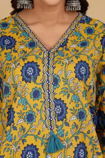 Floral printed cotton v neck kurta trouser & dupatta set
