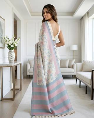 Off white cotton silk printed saree with blouse 3