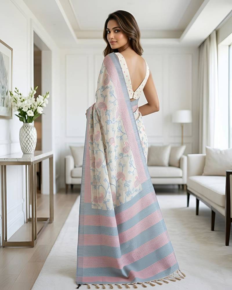 Off white cotton silk printed saree with blouse