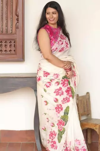 White Color Printed And Hand Work Silk Blend Saree