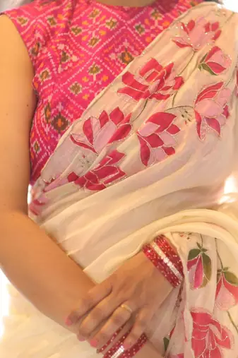 White Color Printed And Hand Work Silk Blend Saree