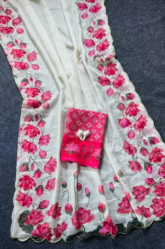 White Color Printed And Hand Work Silk Blend Saree