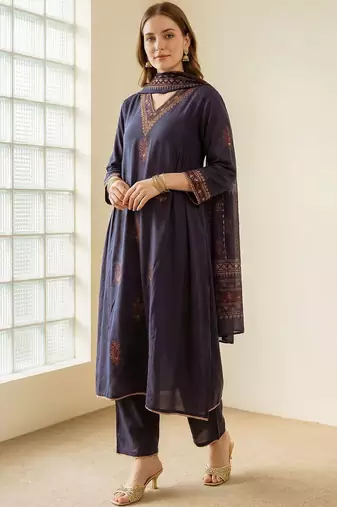 Women Ethnic Motifs Embroidered Panelled Thread Work Kurta with Trousers & With Dupatta