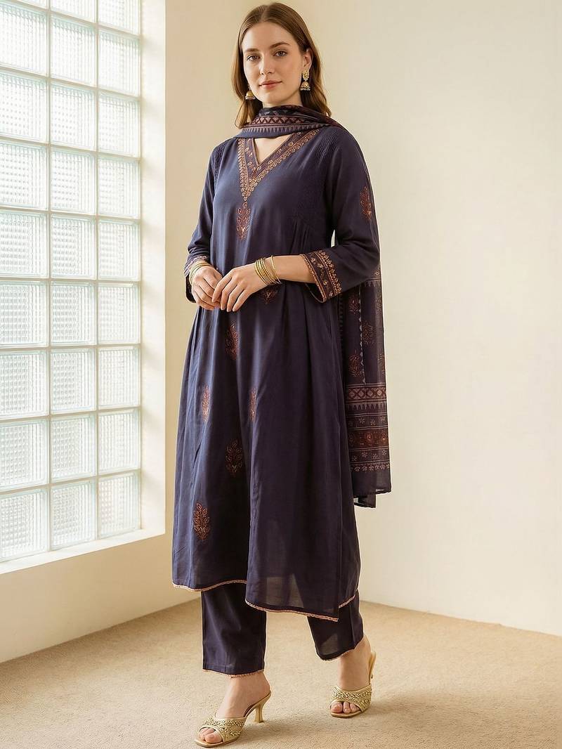 Women Ethnic Motifs Embroidered Panelled Thread Work Kurta with Trousers & With Dupatta