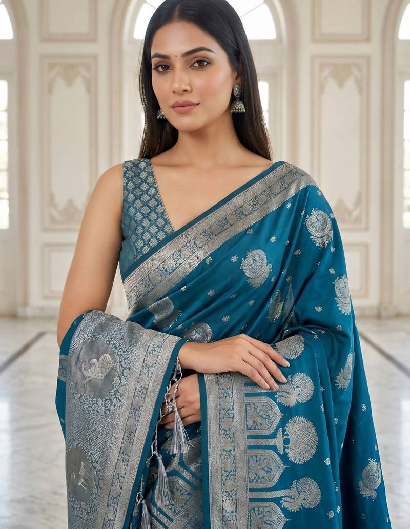 Blue lichi silk woven saree with blouse
