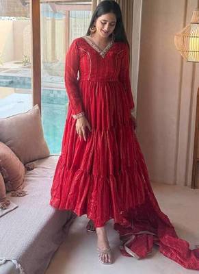 red brocade silk blend  blend party wear embroidery suit set 1