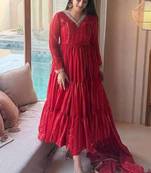 red brocade silk blend  blend party wear embroidery suit set
