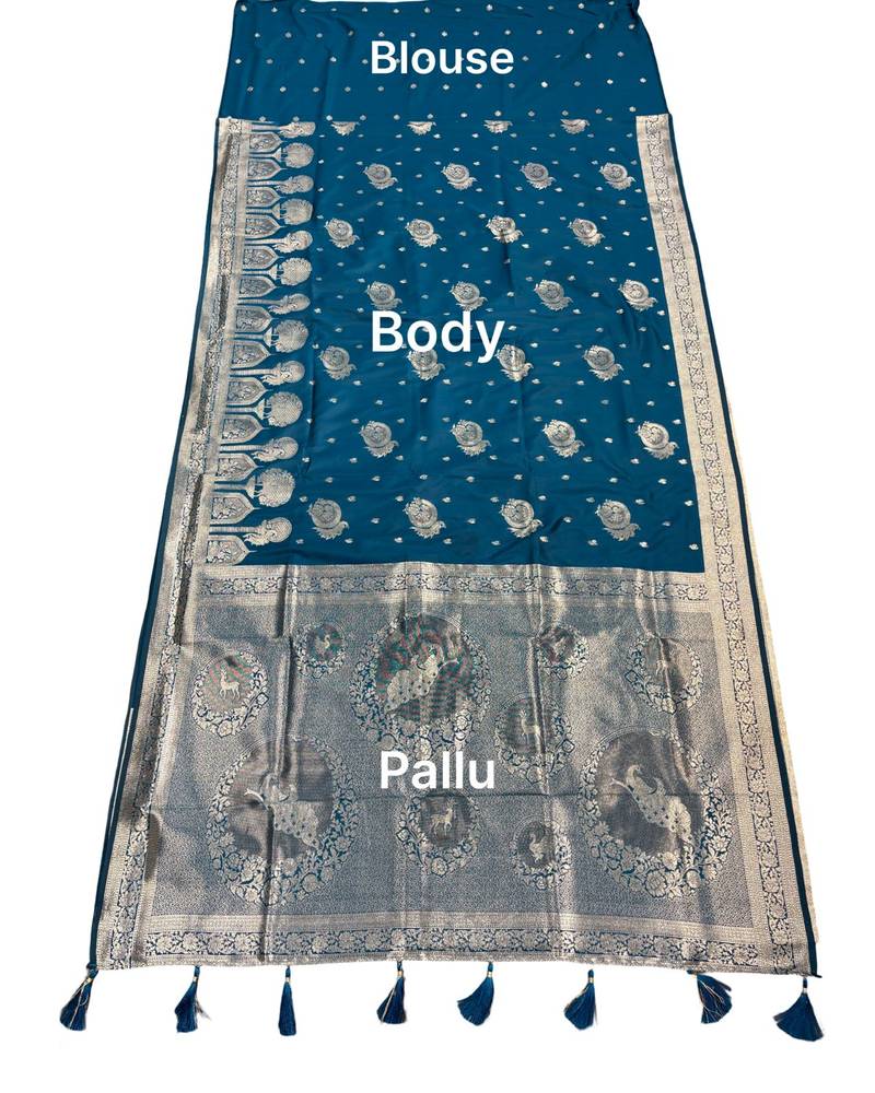 Blue lichi silk woven saree with blouse