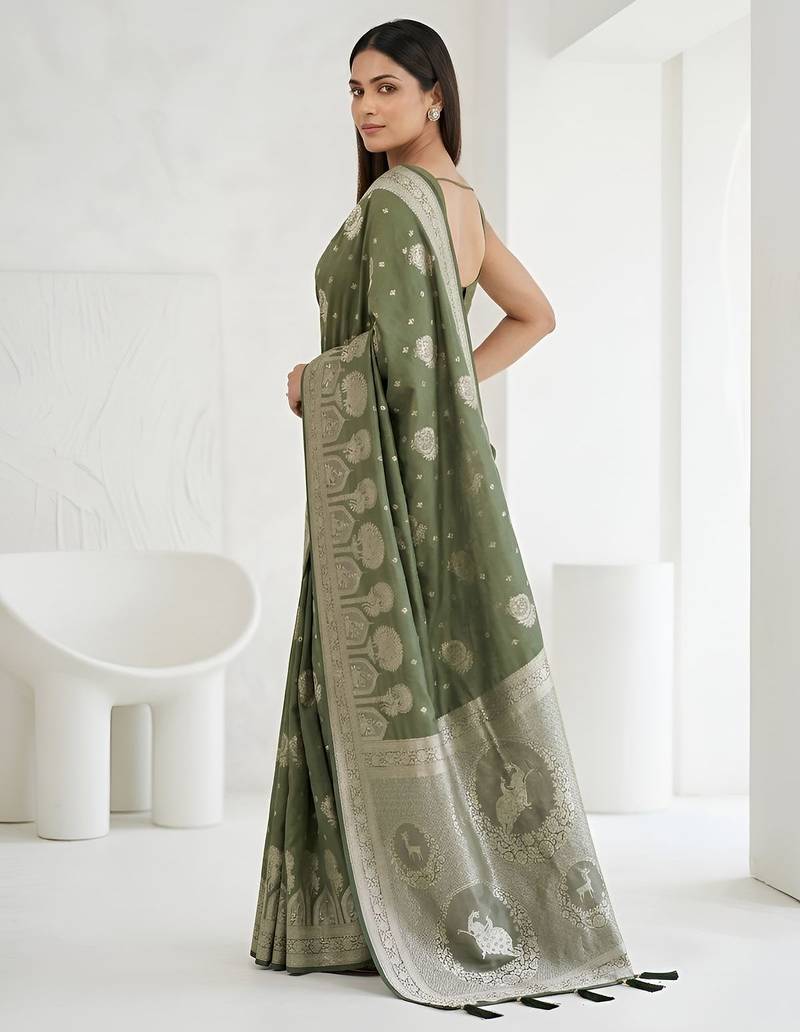 Mehendi lichi silk woven saree with blouse