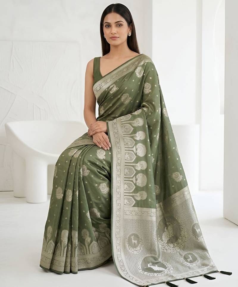 Mehendi lichi silk woven saree with blouse
