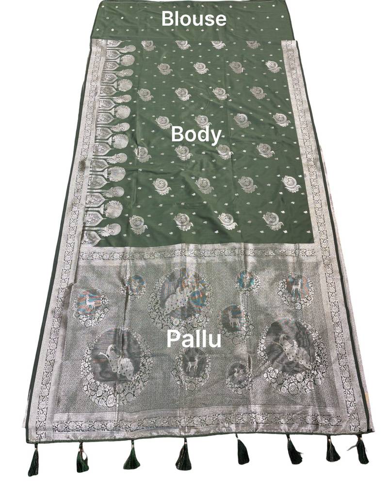 Mehendi lichi silk woven saree with blouse