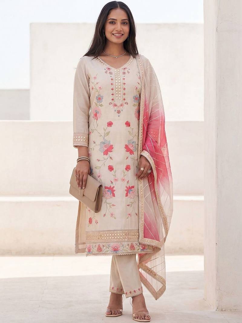 Women Floral Embroidered Mirror Work Kurta with Trousers & With Dupatta
