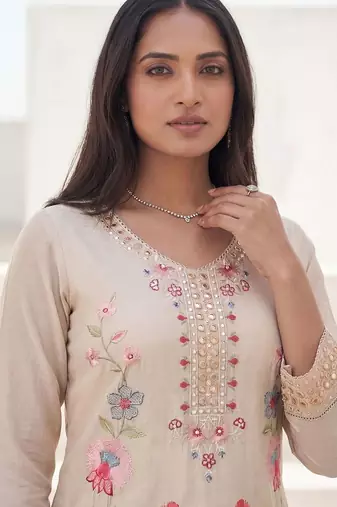 Women Floral Embroidered Mirror Work Kurta with Trousers & With Dupatta