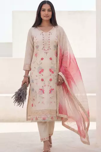 Women Floral Embroidered Mirror Work Kurta with Trousers & With Dupatta