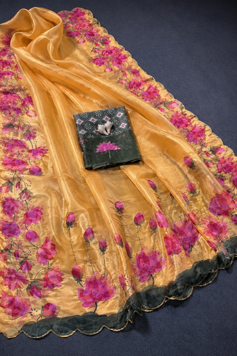 Yellow Printed And Hand Work Silk Blend Saree