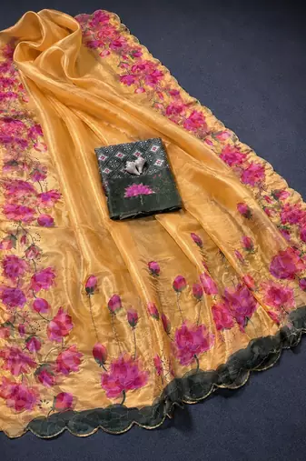 Yellow Printed And Hand Work Silk Blend Saree
