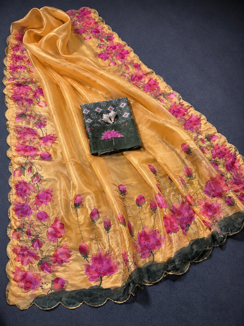 Yellow Color Printed And Hand Work Silk Blend Saree
