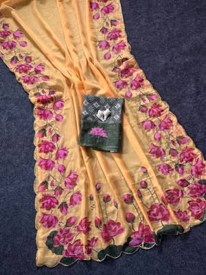Yellow Color Printed And Hand Work Silk Blend Saree 2