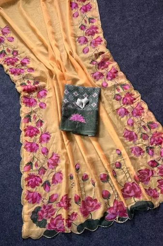 Yellow Printed And Hand Work Silk Blend Saree
