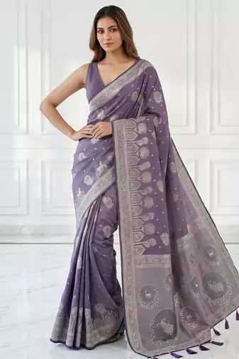 Purple lichi silk woven saree with blouse