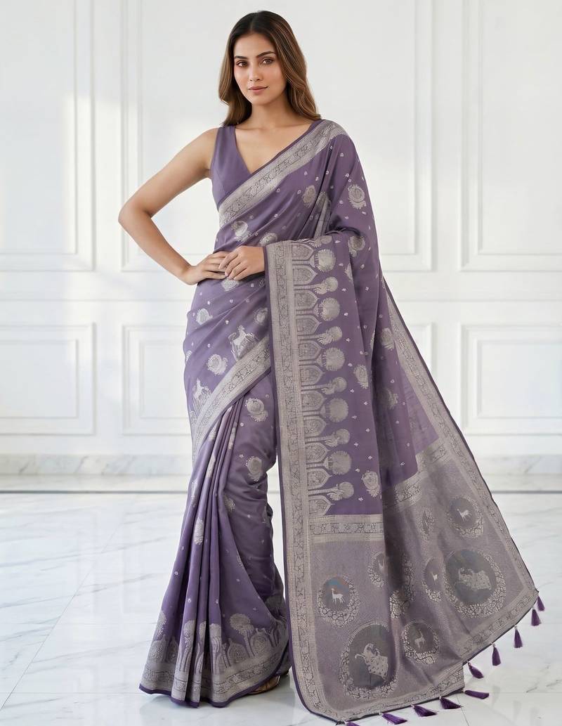 Purple lichi silk woven saree with blouse
