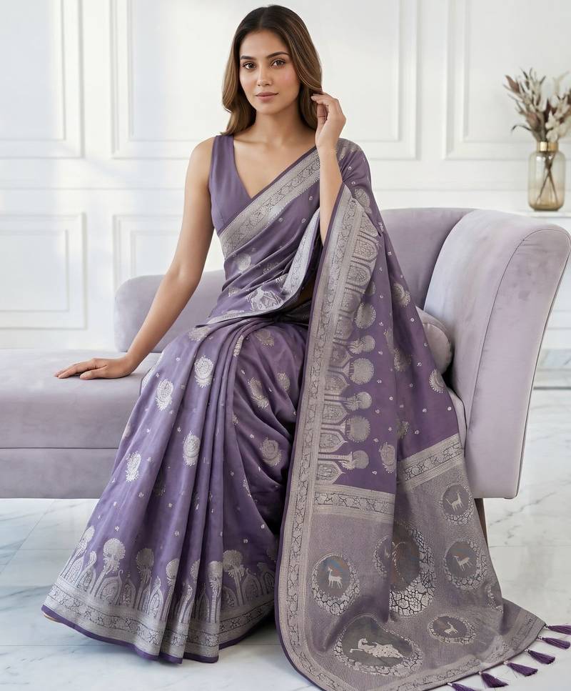 Purple lichi silk woven saree with blouse