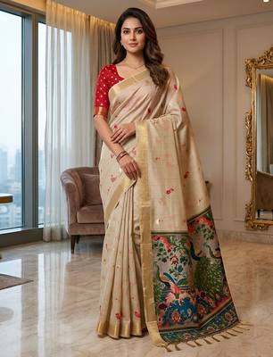 Cream cotton woven saree with blouse 1
