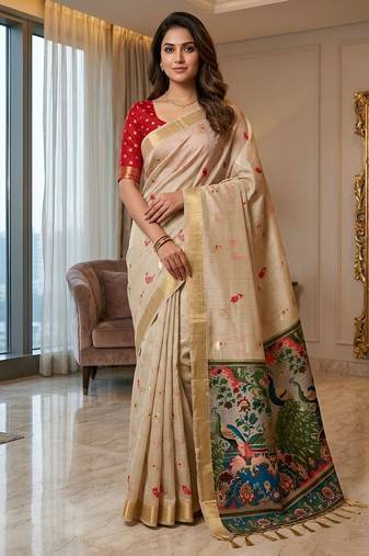 Cream cotton woven saree with blouse