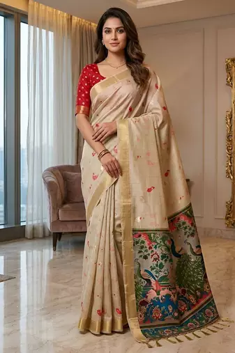Cream cotton woven saree with blouse