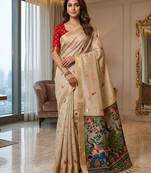 Cream cotton woven saree with blouse
