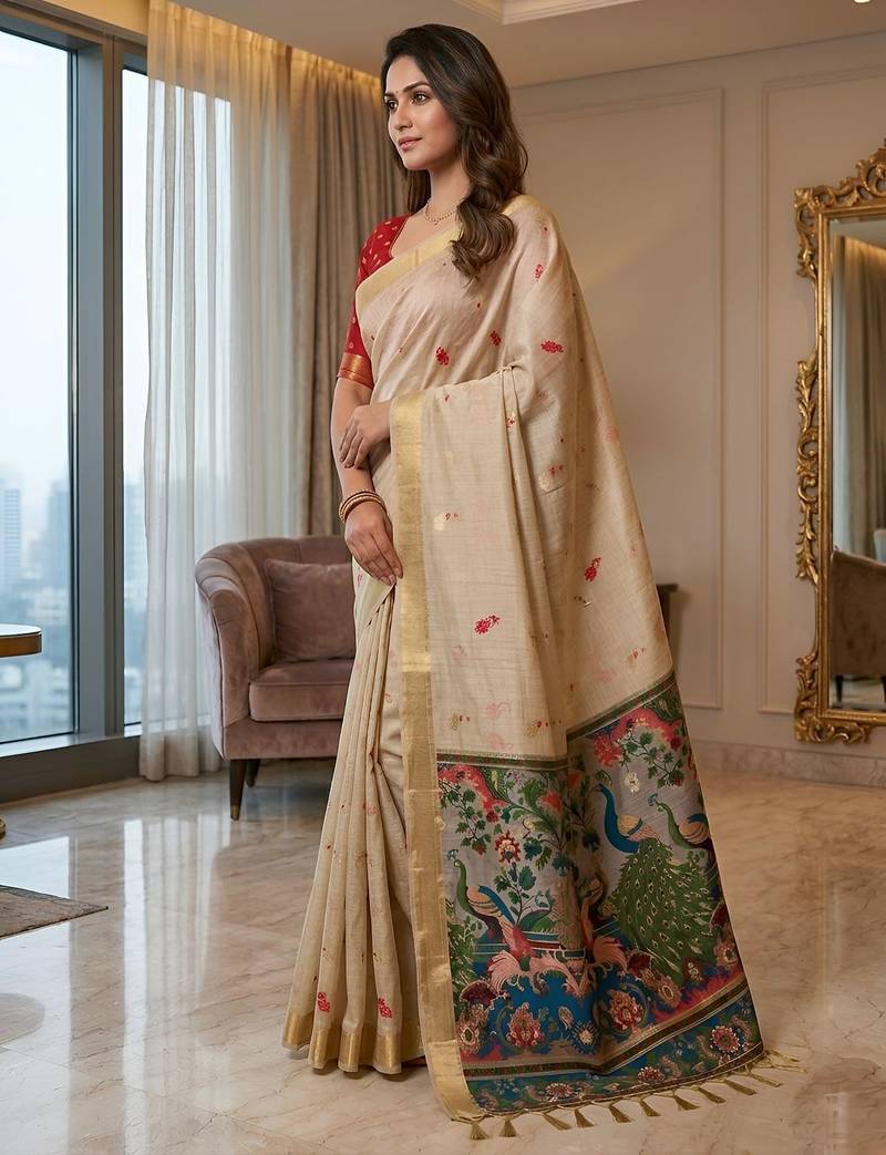 Cream cotton woven saree with blouse