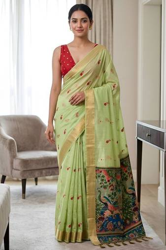 Pista green cotton woven saree with blouse