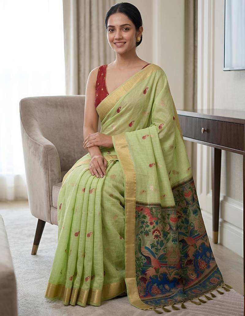 Pista green cotton woven saree with blouse