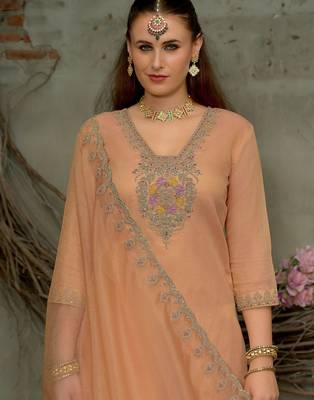 Women Floral Embroidered Sequinned Kurta With Trousers & Dupatta 1
