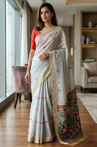 Grey cotton woven saree with blouse