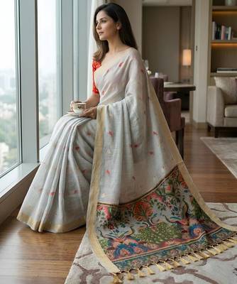 Grey cotton woven saree with blouse 3