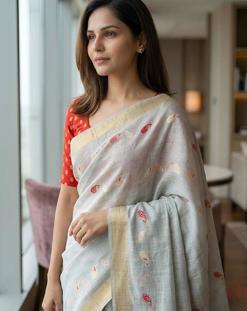 Grey cotton woven saree with blouse