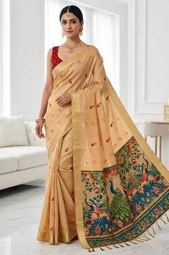 Mustard cotton woven saree with blouse