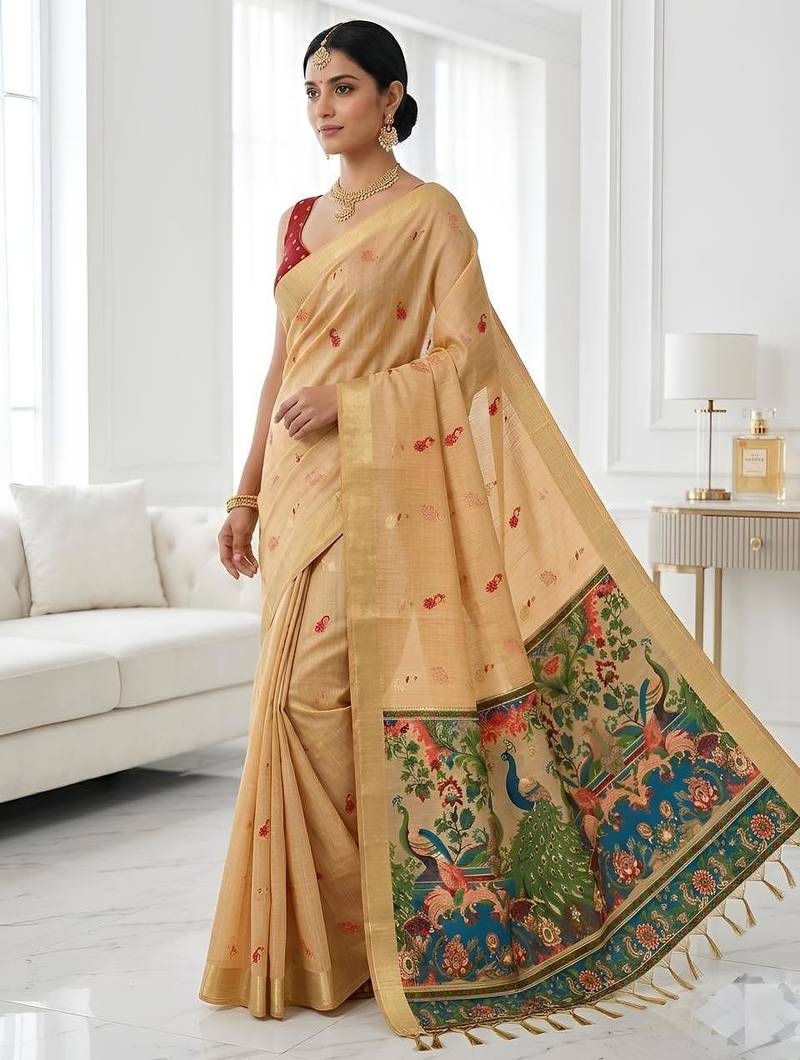 Mustard cotton woven saree with blouse