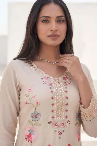 Women Floral Embroidered Mirror Work Kurta with Trousers & With Dupatta