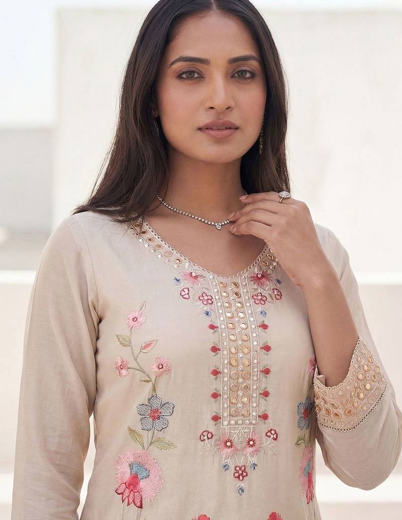 Women Floral Embroidered Mirror Work Kurta with Trousers & With Dupatta