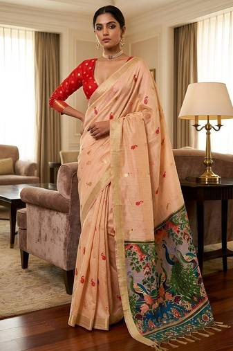 Peach cotton woven saree with blouse